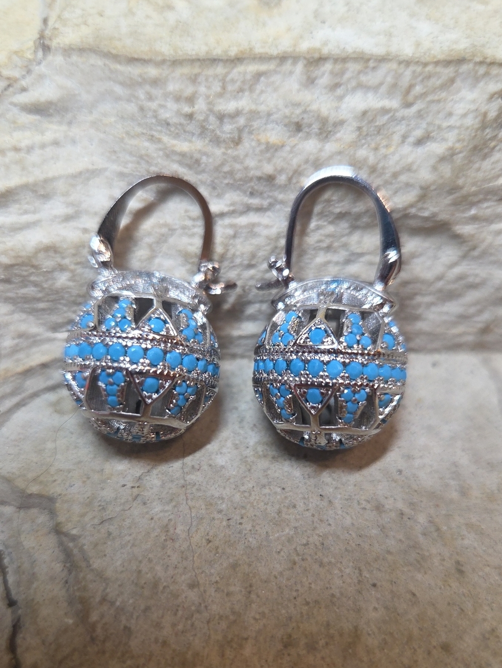 Silver Tone Turquoise Blue CZ Stone Filigree Dome Drop Earrings
